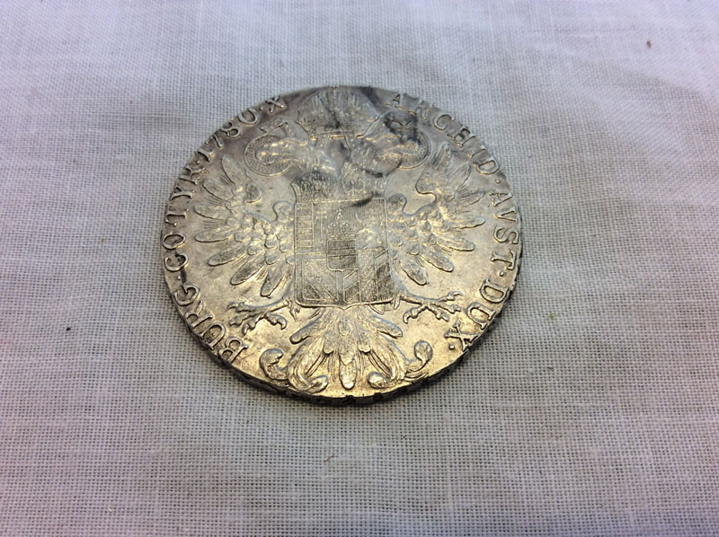 silver coloured coin MARIA THERESA HALER, ARCHID AVST.DUX..BURG.CO.TYR.1780.X