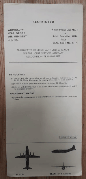 Admiralty War Office Air Ministry July 1962 silhouetttes of (high altitude) aircraft on joint services aircraft recognition training list Admiralty War Office Air Ministry July 1962 silhouetttes of (high altitude) aircraft on joint services aircraft recognition training list