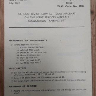 Admiralty War Office Air Ministry pamphlet Jul 1962 silhouettes of (low altitude) aircraft recognition training list